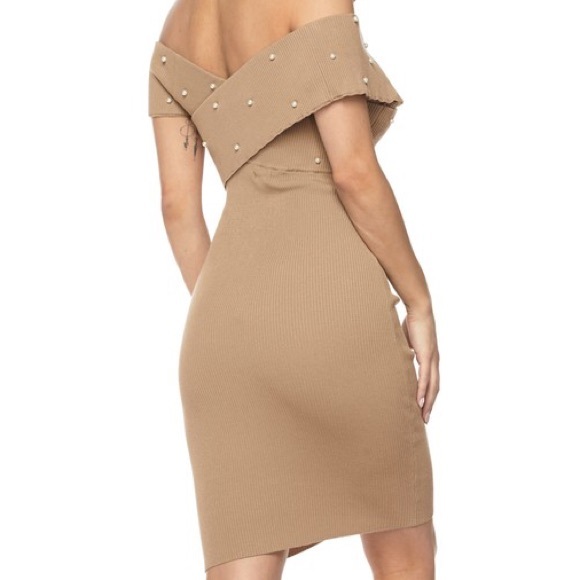 Romantic Ribbed Off-Shoulder Pearl Detail Bodycon - Nude - Picture 5 of 6